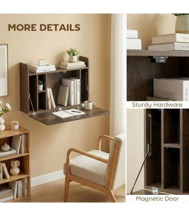 HOMCOM Wall Mounted Desk, Drop Leaf Floating Laptop Desk with Space Saving Storage Compartments for Home Office, Dark Brown