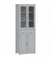 HOMCOM Freestanding Kitchen Cupboard, Storage Cabinet with 2 Adjustable Shelves, Drawer and Glass Door for Living Room, Grey