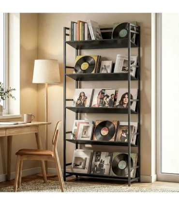 HOMCOM Bookshelf 5-Tier Metal Frame Bookcase Storage Shelves for Living Room Black