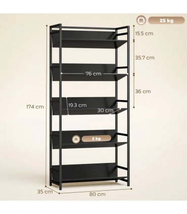 HOMCOM Bookshelf 5-Tier Metal Frame Bookcase Storage Shelves for Living Room Black