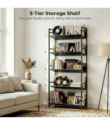 HOMCOM Bookshelf 5-Tier Metal Frame Bookcase Storage Shelves for Living Room Black