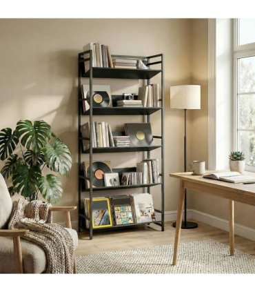 HOMCOM Bookshelf 5-Tier Metal Frame Bookcase Storage Shelves for Living Room Black
