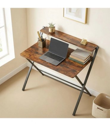 HOMCOM Compact Folding Desk for Small Spaces with Storage Shelf for Home Office, Rustic Brown
