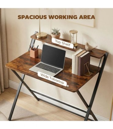 HOMCOM Compact Folding Desk for Small Spaces with Storage Shelf for Home Office, Rustic Brown