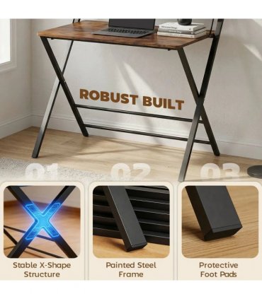 HOMCOM Compact Folding Desk for Small Spaces with Storage Shelf for Home Office, Rustic Brown