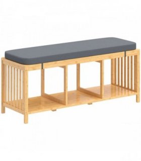 HOMCOM Bamboo Shoe Bench, Entryway Storage Bench with Padded Cushion and Open Shelf, Natural Wood Finish