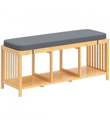 HOMCOM Bamboo Shoe Bench, Entryway Storage Bench with Padded Cushion and Open Shelf, Natural Wood Finish