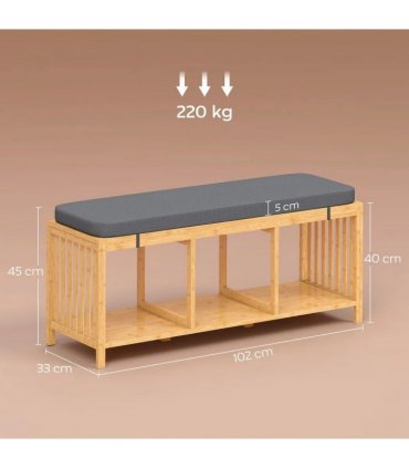 HOMCOM Bamboo Shoe Bench, Entryway Storage Bench with Padded Cushion and Open Shelf, Natural Wood Finish