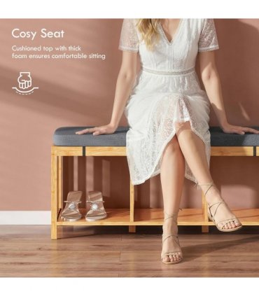 HOMCOM Bamboo Shoe Bench, Entryway Storage Bench with Padded Cushion and Open Shelf, Natural Wood Finish