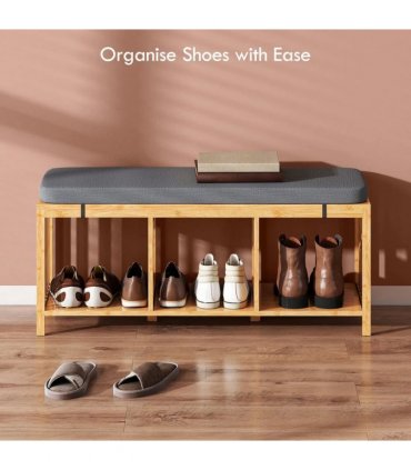 HOMCOM Bamboo Shoe Bench, Entryway Storage Bench with Padded Cushion and Open Shelf, Natural Wood Finish