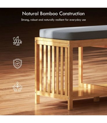 HOMCOM Bamboo Shoe Bench, Entryway Storage Bench with Padded Cushion and Open Shelf, Natural Wood Finish