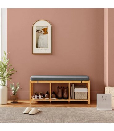 HOMCOM Bamboo Shoe Bench, Entryway Storage Bench with Padded Cushion and Open Shelf, Natural Wood Finish