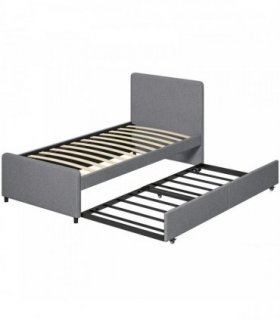 HOMCOM 3ft Single Bed Frame with Trundle, Upholstered Pull Out Trundle Bed with Headboard and Footboard, Dark Grey