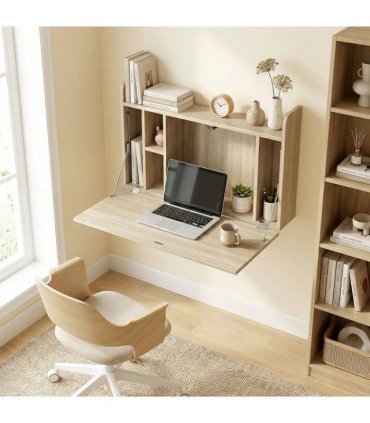 HOMCOM Wall Mounted Desk, Drop Leaf Floating Laptop Desk with Space Saving Storage Compartments for Home Office, Oak