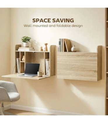 HOMCOM Wall Mounted Desk, Drop Leaf Floating Laptop Desk with Space Saving Storage Compartments for Home Office, Oak
