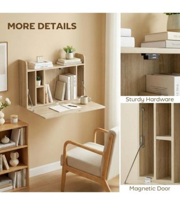 HOMCOM Wall Mounted Desk, Drop Leaf Floating Laptop Desk with Space Saving Storage Compartments for Home Office, Oak