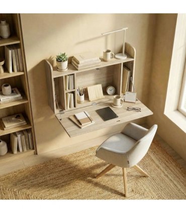 HOMCOM Wall Mounted Desk, Drop Leaf Floating Laptop Desk with Space Saving Storage Compartments for Home Office, Oak