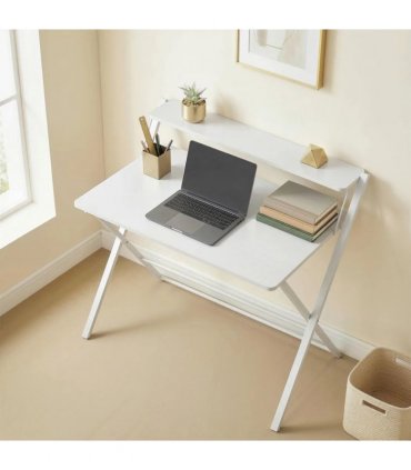 HOMCOM Compact Folding Desk for Small Spaces with Storage Shelf for Home Office, White