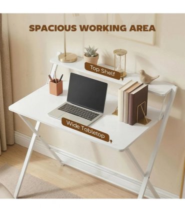 HOMCOM Compact Folding Desk for Small Spaces with Storage Shelf for Home Office, White
