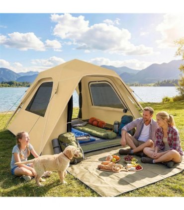 Outsunny Pop Up Tent 3000mm Waterproof Camping Tents with Mesh Windows 2-3 People Khaki