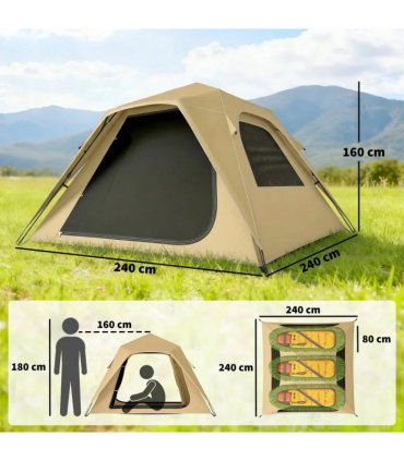 Outsunny Pop Up Tent 3000mm Waterproof Camping Tents with Mesh Windows 2-3 People Khaki