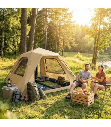 Outsunny Pop Up Tent 3000mm Waterproof Camping Tents with Mesh Windows 2-3 People Khaki