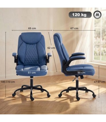 HOMCOM Linen-Look Computer Desk Chair, Executive Office Chair with Flip-Up Armrests and Thick Cushion, Blue