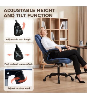 HOMCOM Linen-Look Computer Desk Chair, Executive Office Chair with Flip-Up Armrests and Thick Cushion, Blue
