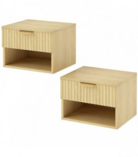 HOMCOM Floating Nightstands Set of 2, Modern Wall-Mounted Bedside Tables with Fluted Drawer and Open Shelf for Bedroom, Oak