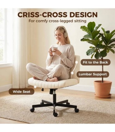 HOMCOM Imitation Linen Criss Cross Legged Desk Chair, Armless Office Chair with Wheels, Green