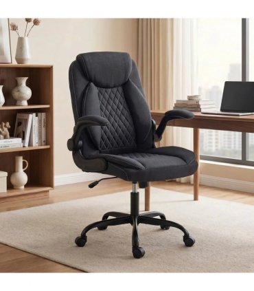 HOMCOM Linen-Look Computer Desk Chair, Executive Office Chair with Flip-Up Armrests and Thick Cushion, Black