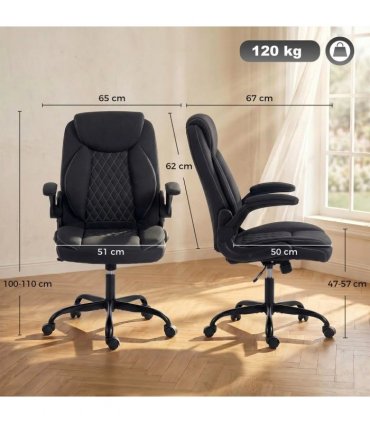 HOMCOM Linen-Look Computer Desk Chair, Executive Office Chair with Flip-Up Armrests and Thick Cushion, Black