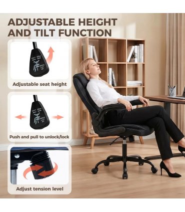 HOMCOM Linen-Look Computer Desk Chair, Executive Office Chair with Flip-Up Armrests and Thick Cushion, Black