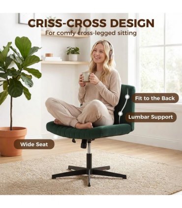 HOMCOM Flannel Criss Cross Legged Desk Chair, Armless Office Chair No Wheels, Green