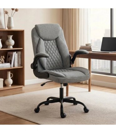 HOMCOM Linen-Look Computer Desk Chair, Executive Office Chair with Flip-Up Armrests and Thick Cushion, Grey
