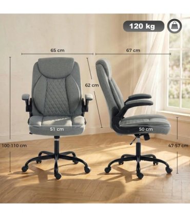 HOMCOM Linen-Look Computer Desk Chair, Executive Office Chair with Flip-Up Armrests and Thick Cushion, Grey