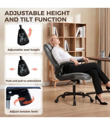 HOMCOM Linen-Look Computer Desk Chair, Executive Office Chair with Flip-Up Armrests and Thick Cushion, Grey