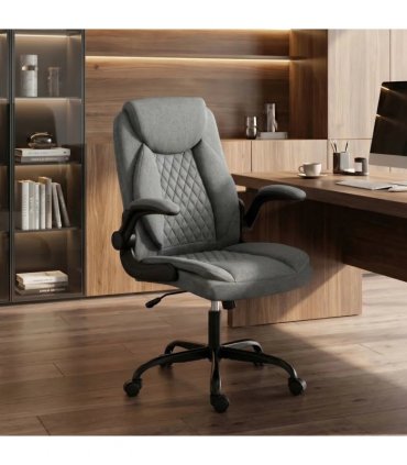 HOMCOM Linen-Look Computer Desk Chair, Executive Office Chair with Flip-Up Armrests and Thick Cushion, Grey
