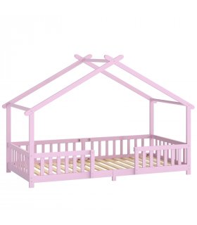 AIYAPLAY Wooden Kids House Single Bed Frame, Solid Pine Wood Toddler Bed with Dual Guardrails for Children, Boys, Girls, Pink