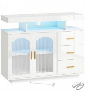 HOMCOM High Gloss Sideboard with LED Lights, Built-in Power Outlets, 3 Drawers, Shelves and 2 Acrylic Doors, White