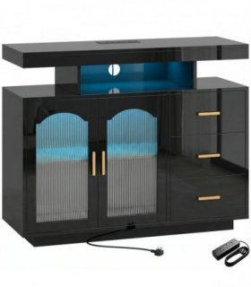 HOMCOM High Gloss Sideboard with LED Lights, Built-in Power Outlets, 3 Drawers, Shelves and 2 Acrylic Doors, Black