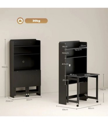 HOMCOM Foldable Desktop, Computer Desk with Storage Shelves, 80 x 69 x 155 cm, Black
