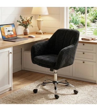 HOMCOM Modern Makeup Vanity Chair, Snow Flannel Office Chair with Tub Back, Black