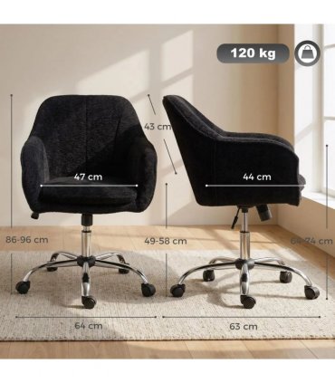 HOMCOM Modern Makeup Vanity Chair, Snow Flannel Office Chair with Tub Back, Black