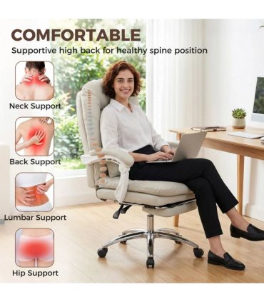 HOMCOM Ergonomic Executive Office Chair, Reclining Desk Chair with Lumbar Support, Footrest, Plush Thick Cushion, Khaki