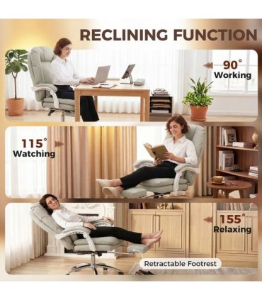 HOMCOM Ergonomic Executive Office Chair, Reclining Desk Chair with Lumbar Support, Footrest, Plush Thick Cushion, Khaki