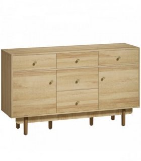 HOMCOM Sideboard with 5 Drawers and 2 Cabinets Buffet Cabinet with Solid Wood Legs 136 cm Walnut