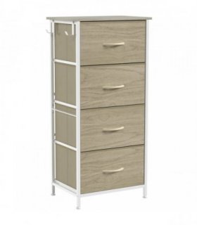 HOMCOM Chest of Drawers, Dresser with 4 Fabric Drawers, Tall Storage Unit with 4 Pockets and 2 Hooks, Steel Frame, Natural Wood