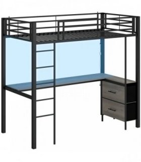 HOMCOM Metal Bunk Bed with Desk, High Sleeper Bed with LED Light and Safety Guardrail for Teens Adults, No Box Spring Needed