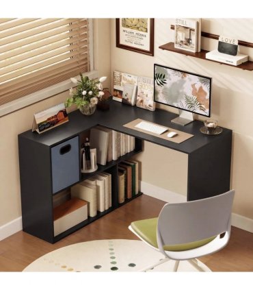 HOMCOM 110 cm L-Shaped Desk, Small Computer Desk with Fabric Drawer and Storage Shelves for Home Office, Study, Black